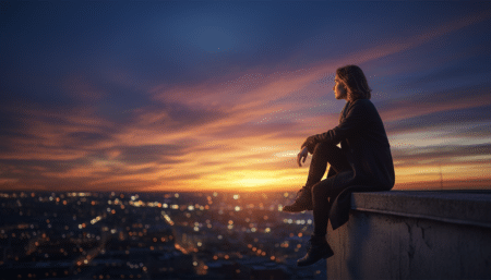 Personne contemplative observant le ciel au crépuscule