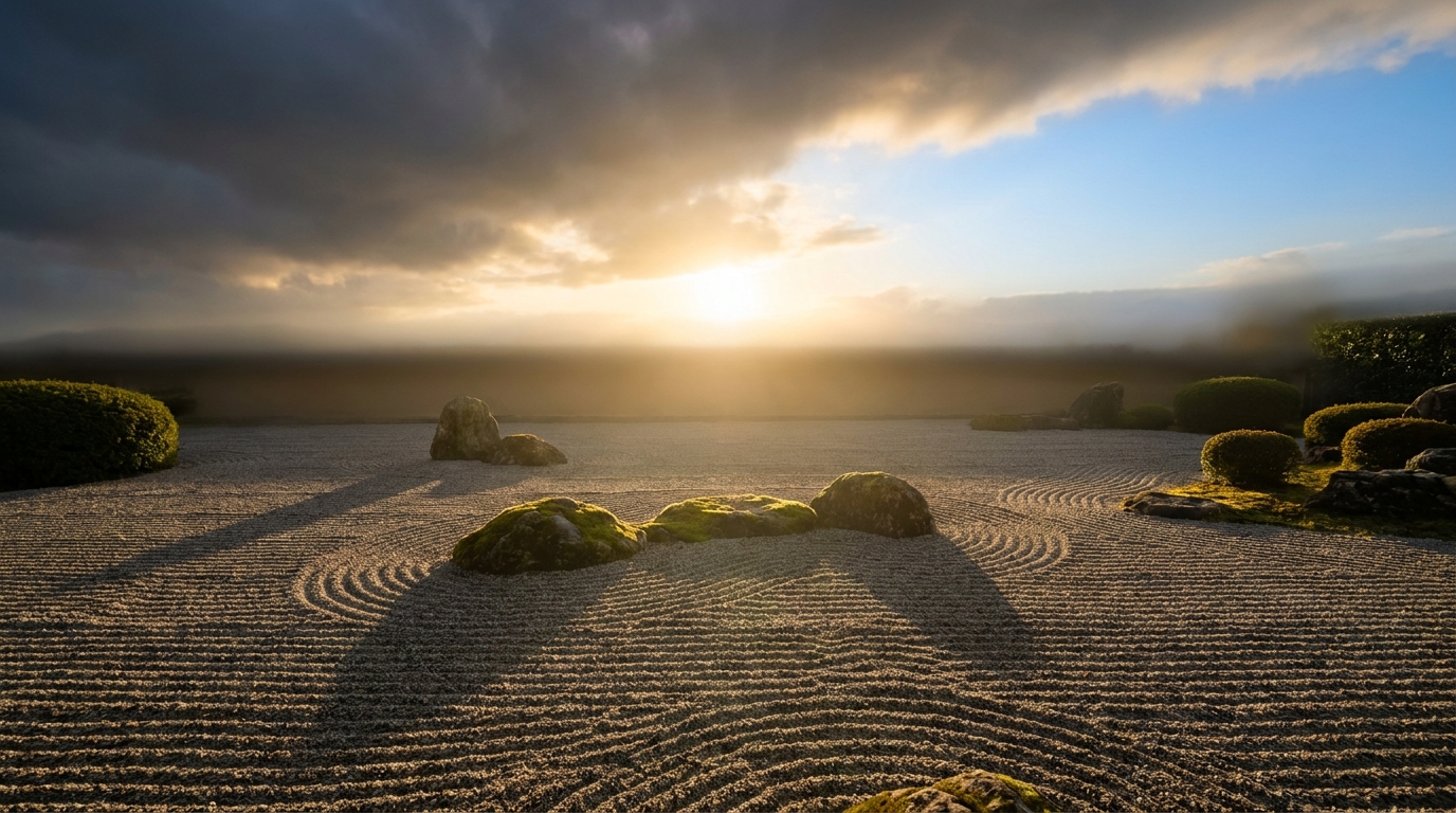 Jardin zen avec nuage d'orage s'éloignant à l'horizon