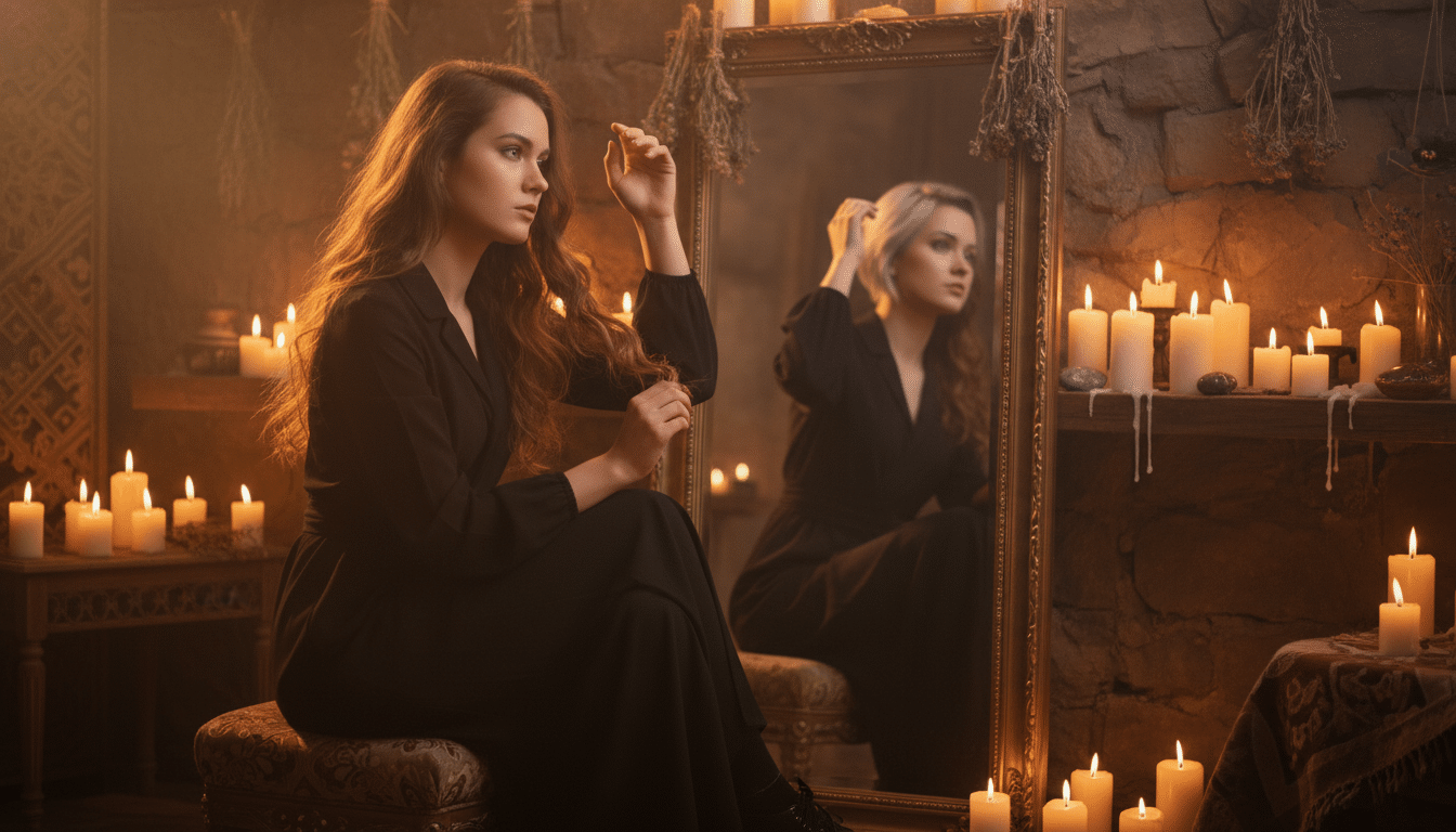 Femme devant un miroir envisageant un changement de look