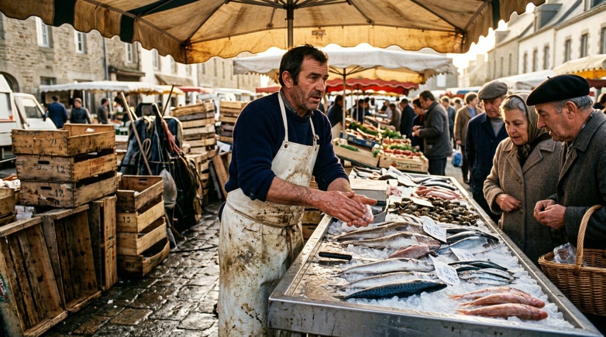 Poissonnier sur un marché français des années 70 sans vitrine réfrigérée