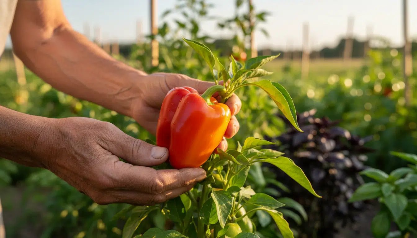 Mains de jardinier tenant un poivron coloré mûr au potager