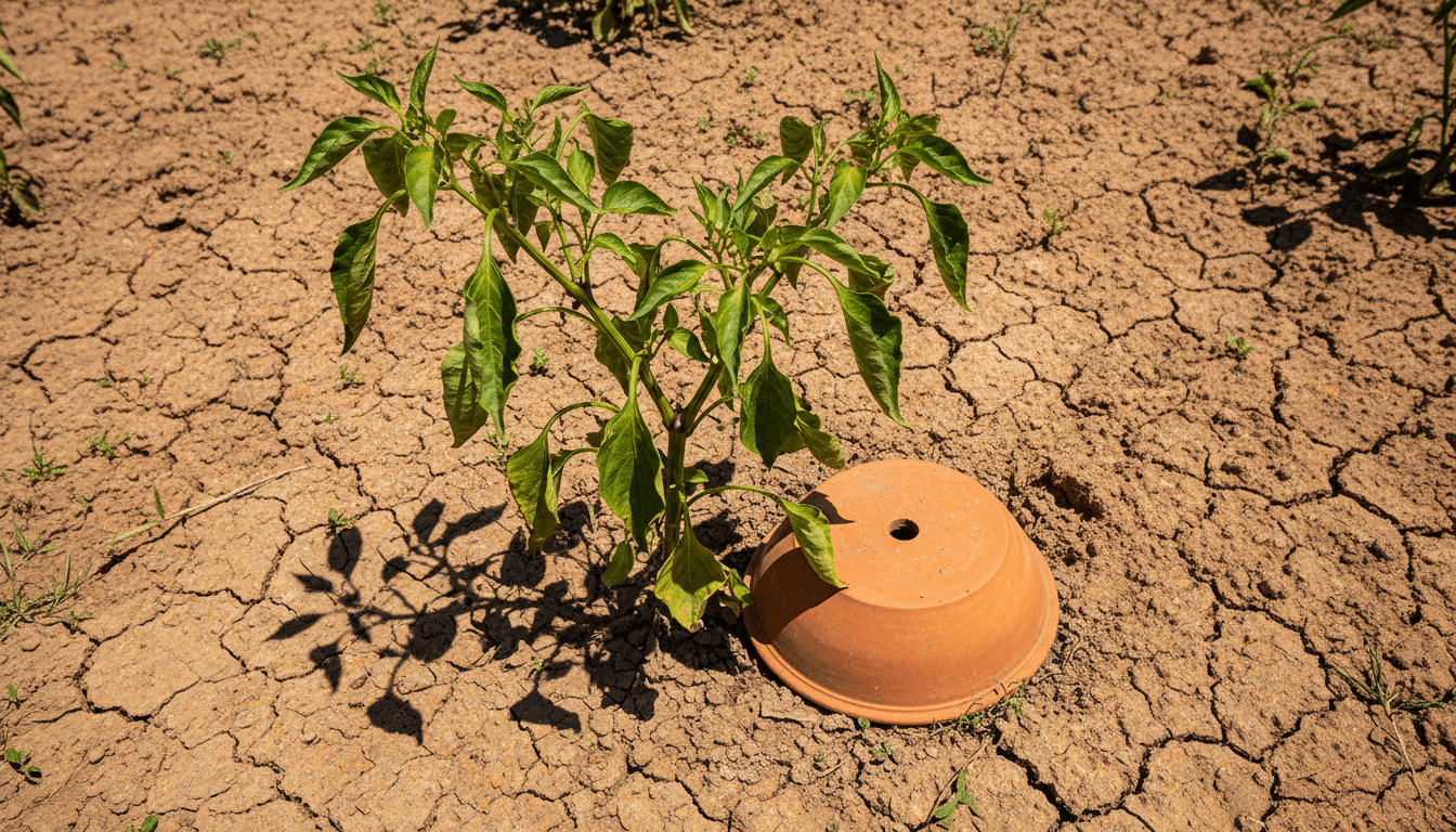 Sol sec et olla en terre cuite au pied d'un plant de poivron