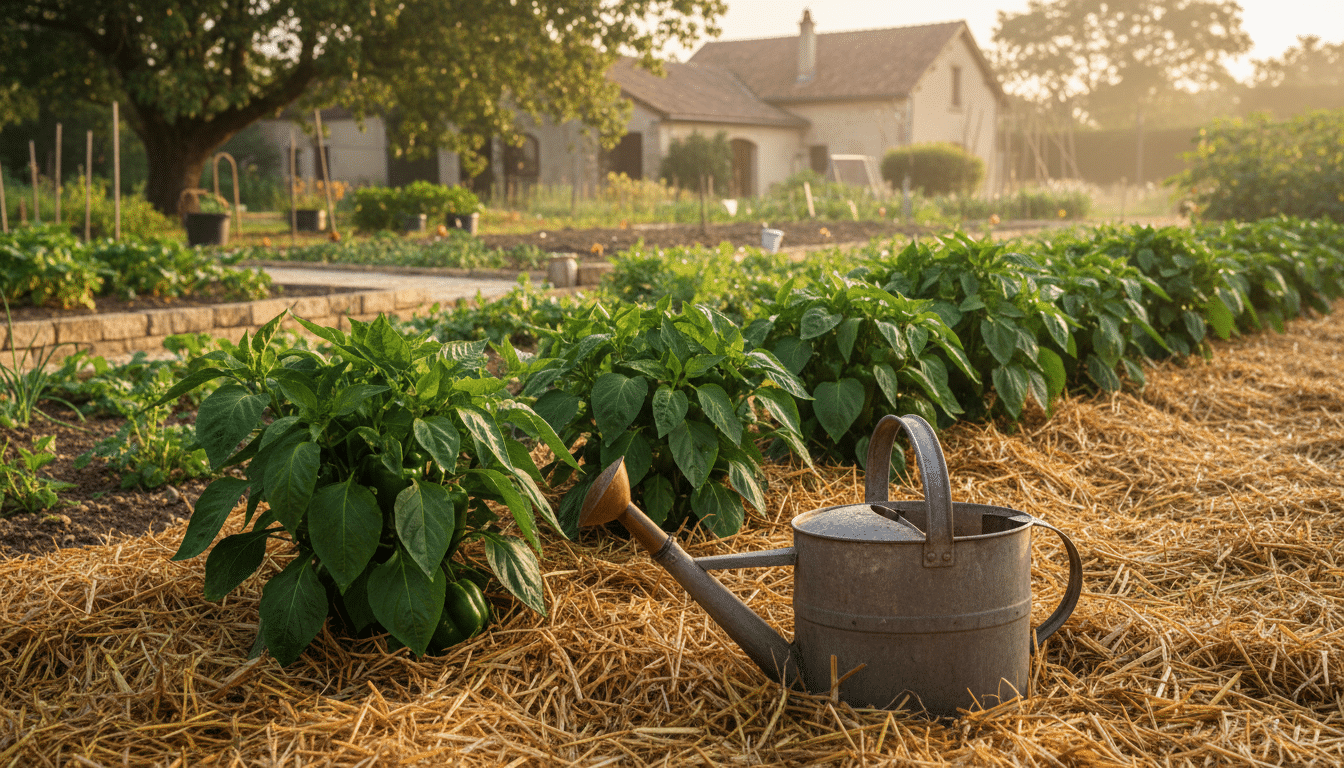 Paillage de paille épaisse autour de plants de poivrons au potager