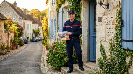 Pompier français présentant un calendrier devant une porte