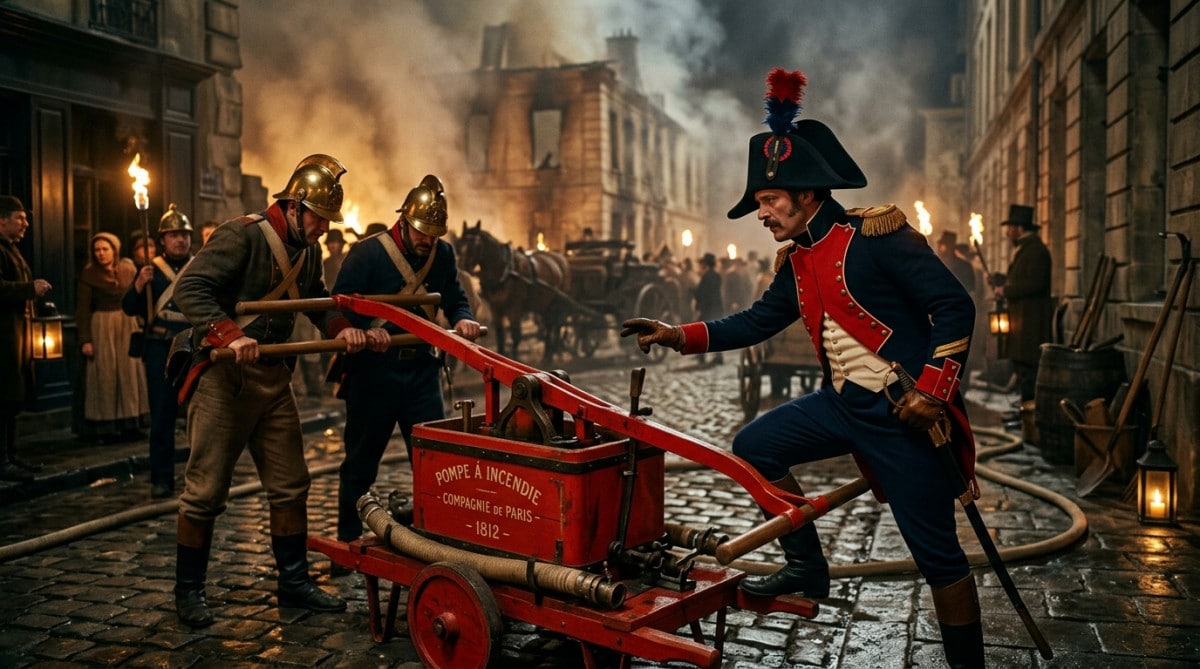 Pompier napoléonien en uniforme rouge près d'une pompe à incendie