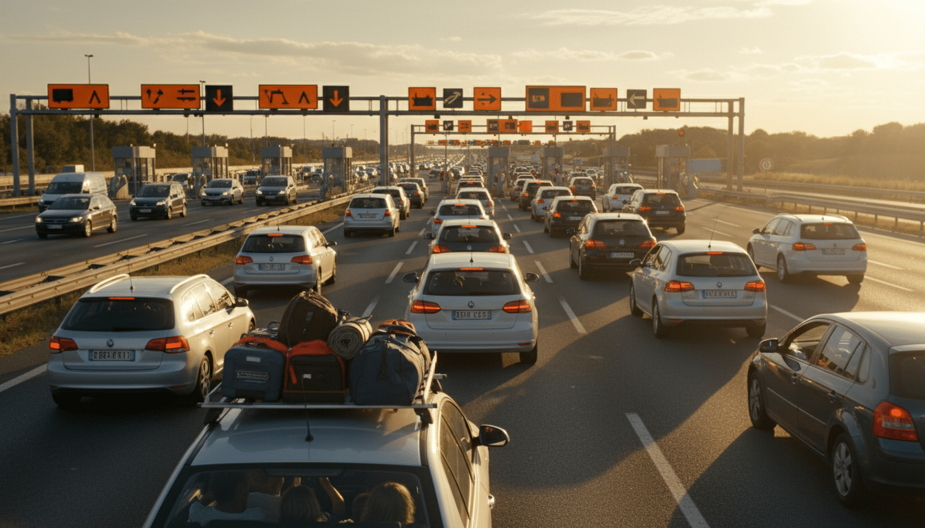 File de voitures au péage autoroutier pendant le pont de l'Ascension