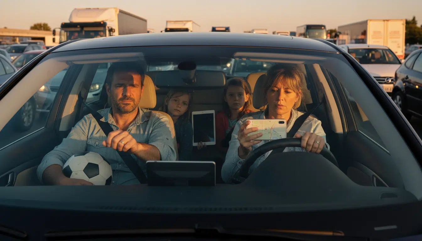 Famille en voiture coincée dans les bouchons du pont de l'Ascension