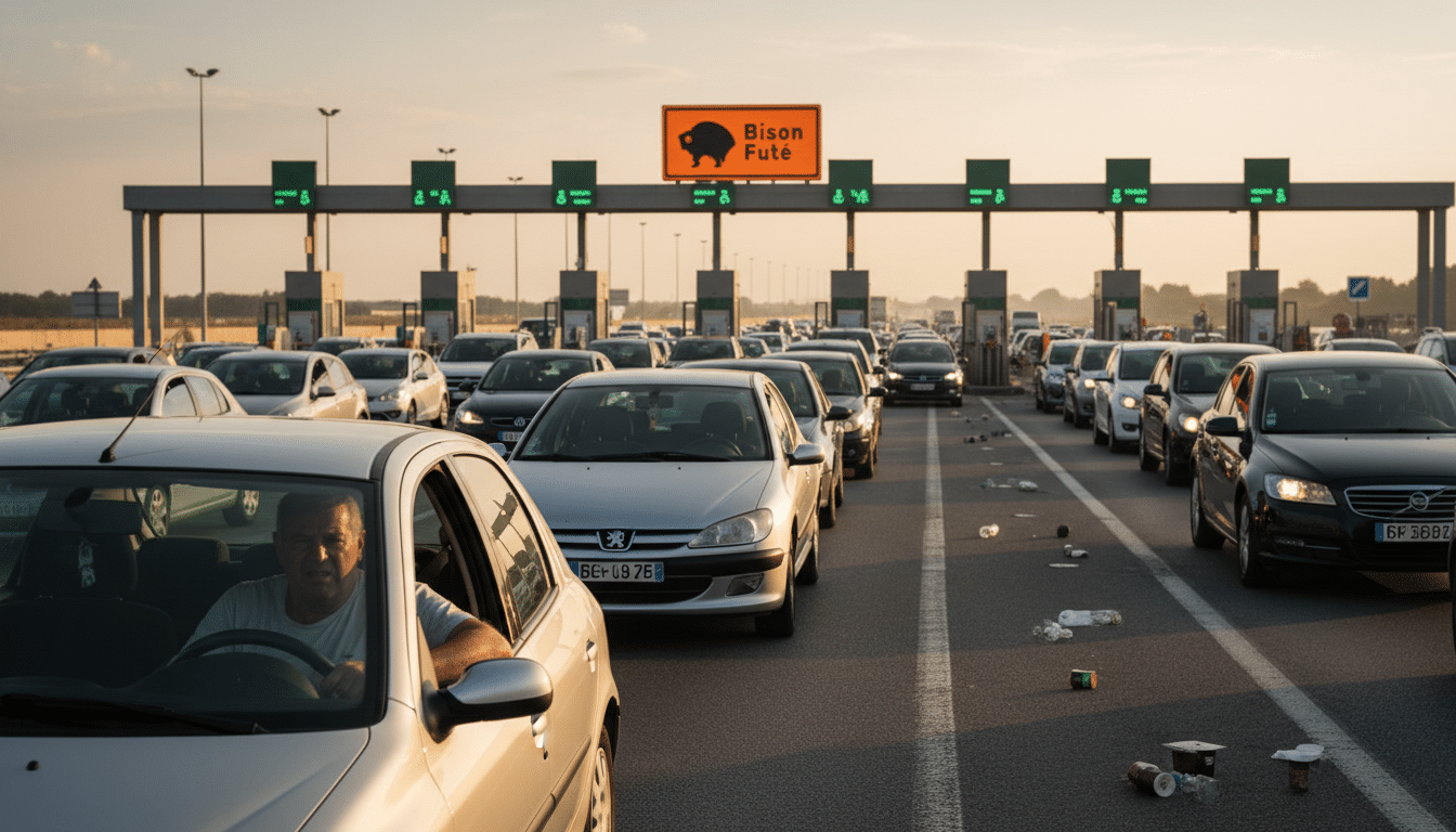 File de voitures à un péage autoroutier français