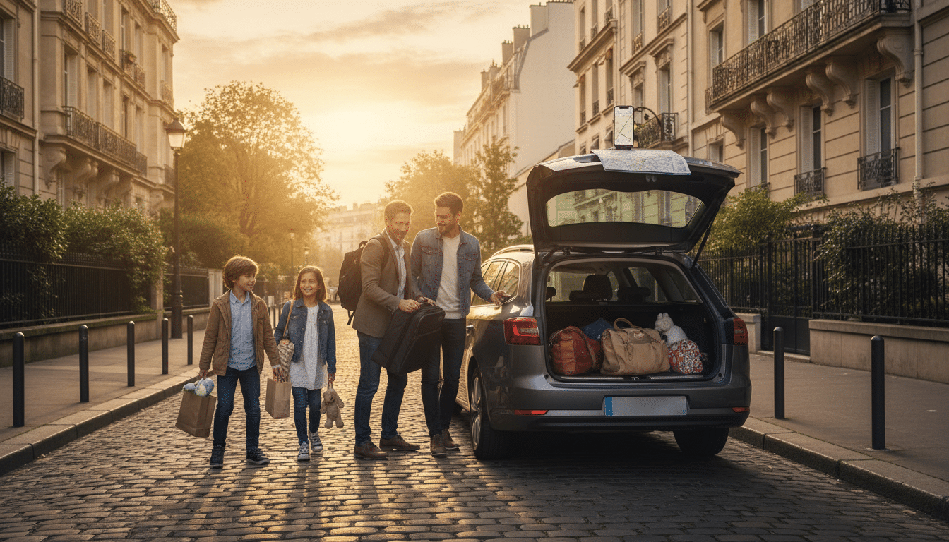 Famille chargeant sa voiture avant le départ en week-end