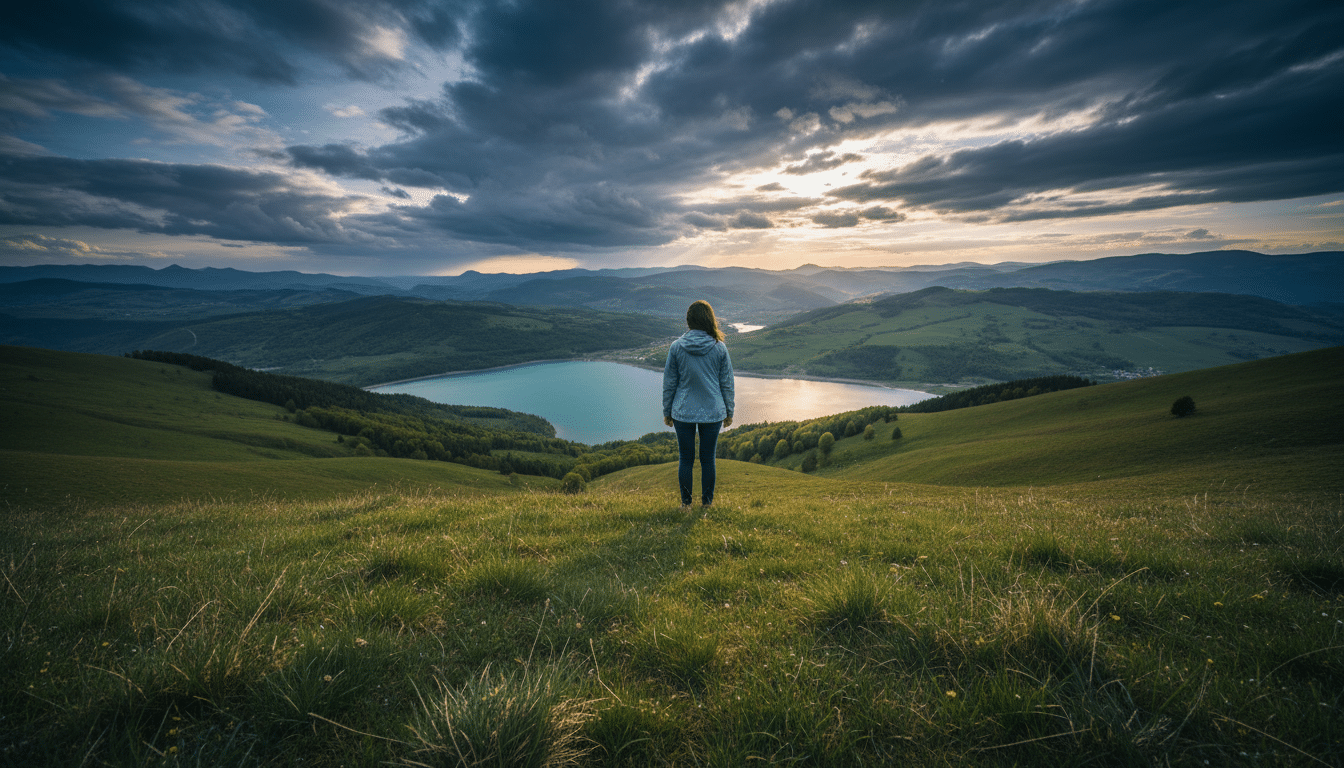 Paysage du Jura avec lac turquoise sous ciel nuageux de mai