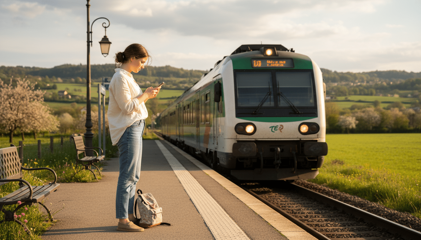 Voyageuse attendant un TER en gare pour le week-end prolongé