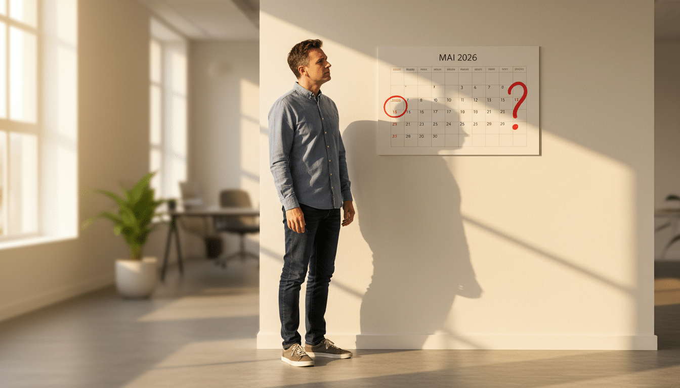 Salarié perplexe devant un calendrier de mai 2026