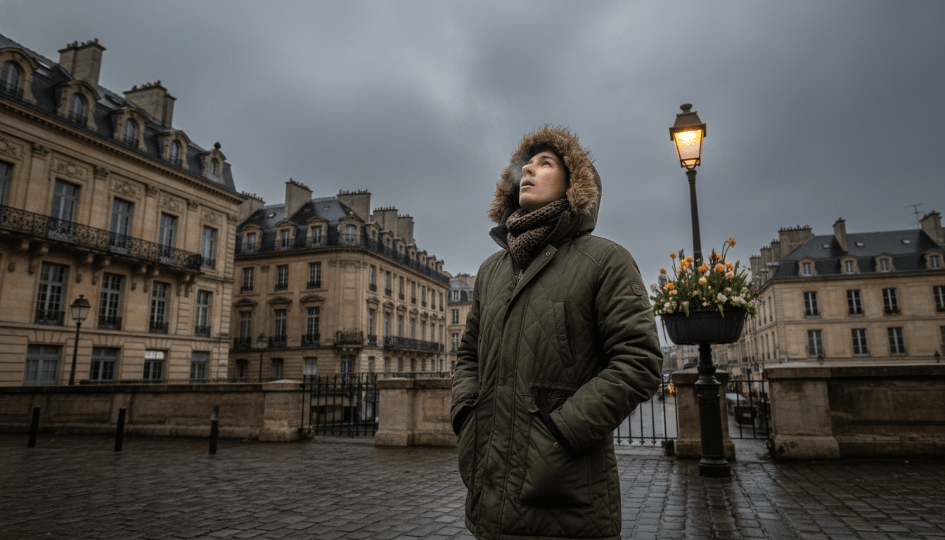 Personne en doudoune sous un ciel gris en mai
