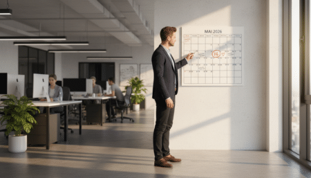 Salarié consultant un calendrier de mai 2026 au bureau