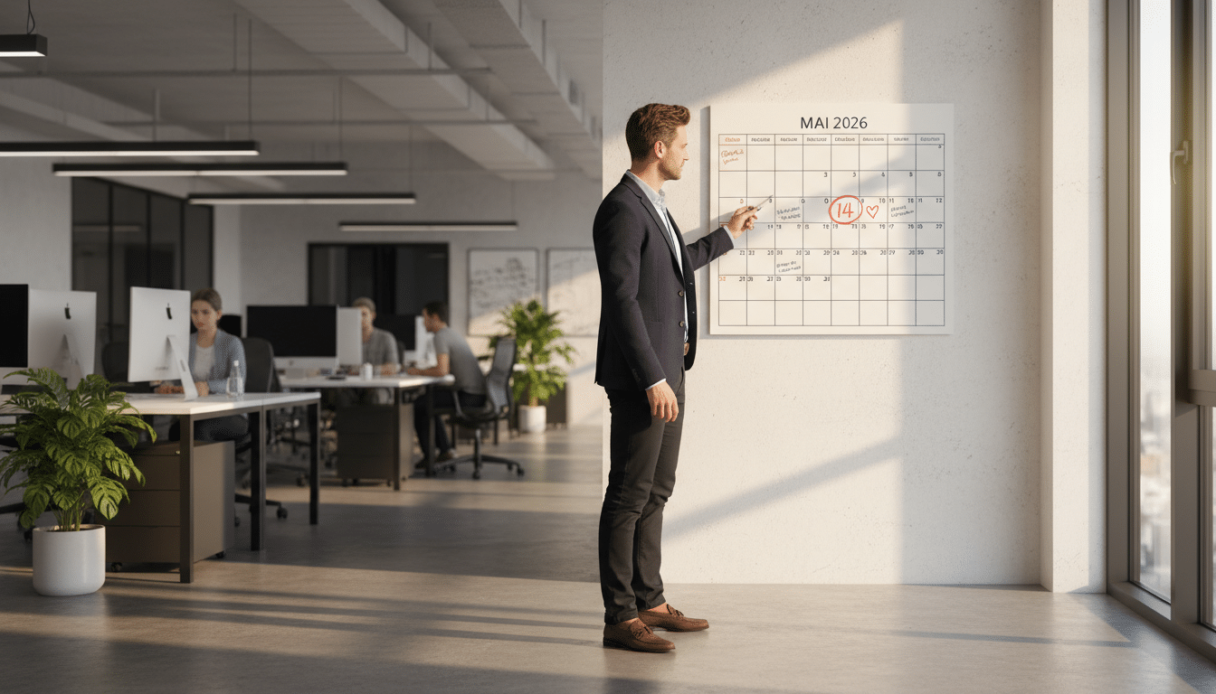Salarié consultant un calendrier de mai 2026 au bureau