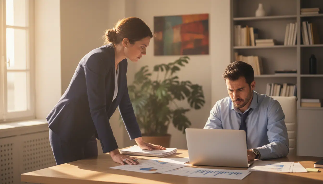 Discussion tendue entre un manager et un salarié au bureau