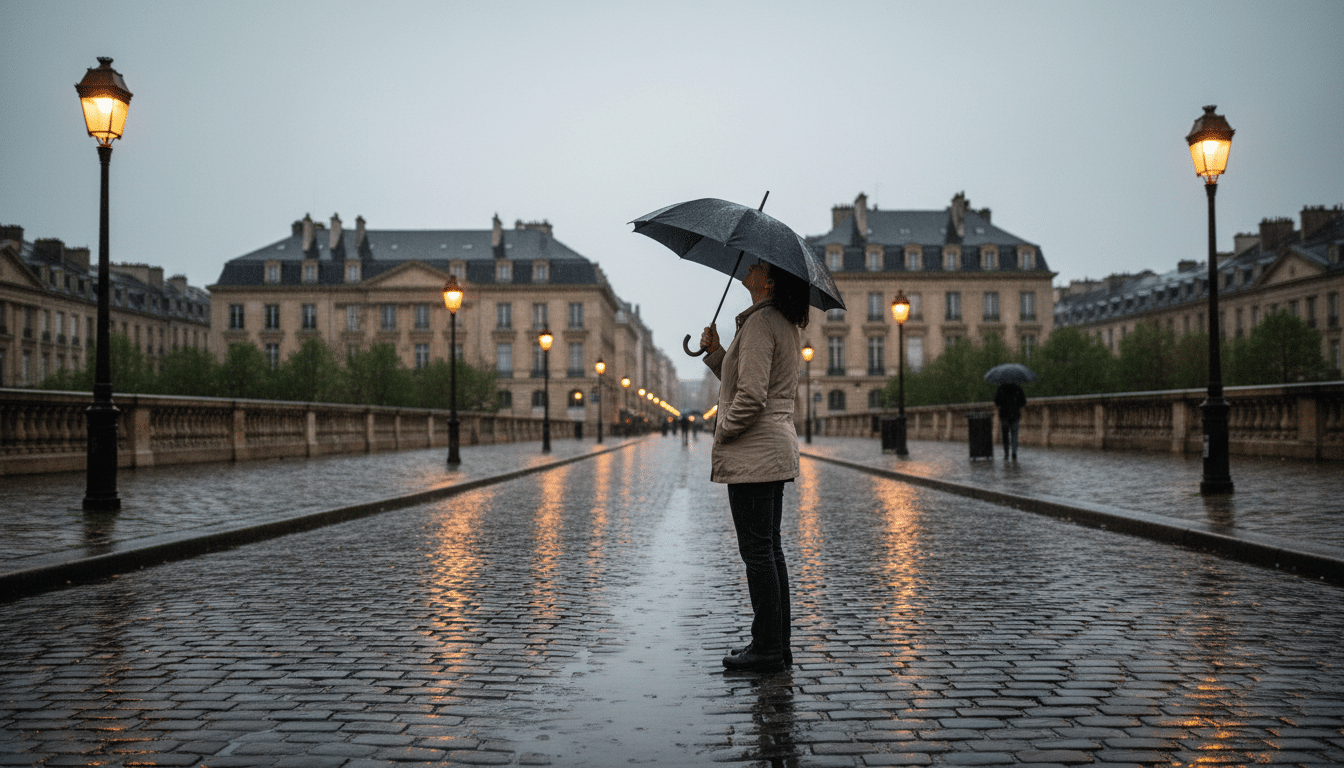 Personne sous un parapluie dans une rue pluvieuse en mai