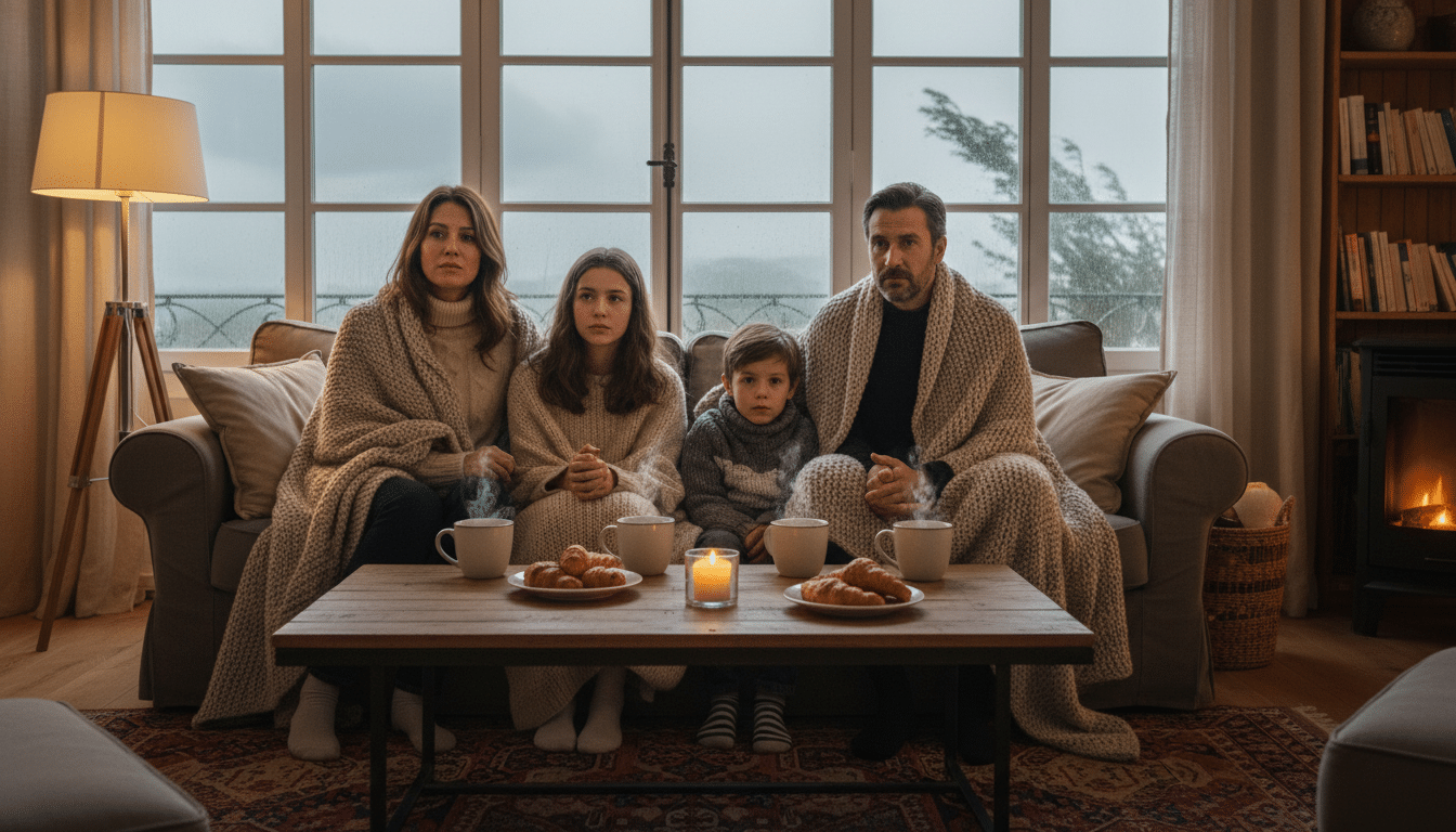 Famille réfugiée à l'intérieur face au mauvais temps du pont de l'Ascension