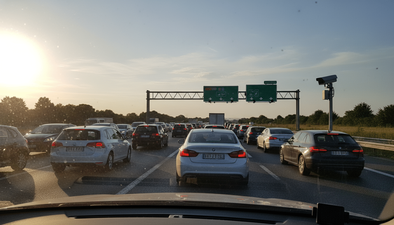 Trafic dense sur une autoroute française avec radar fixe