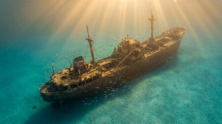 Épave de cargo reposant sur un fond marin méditerranéen