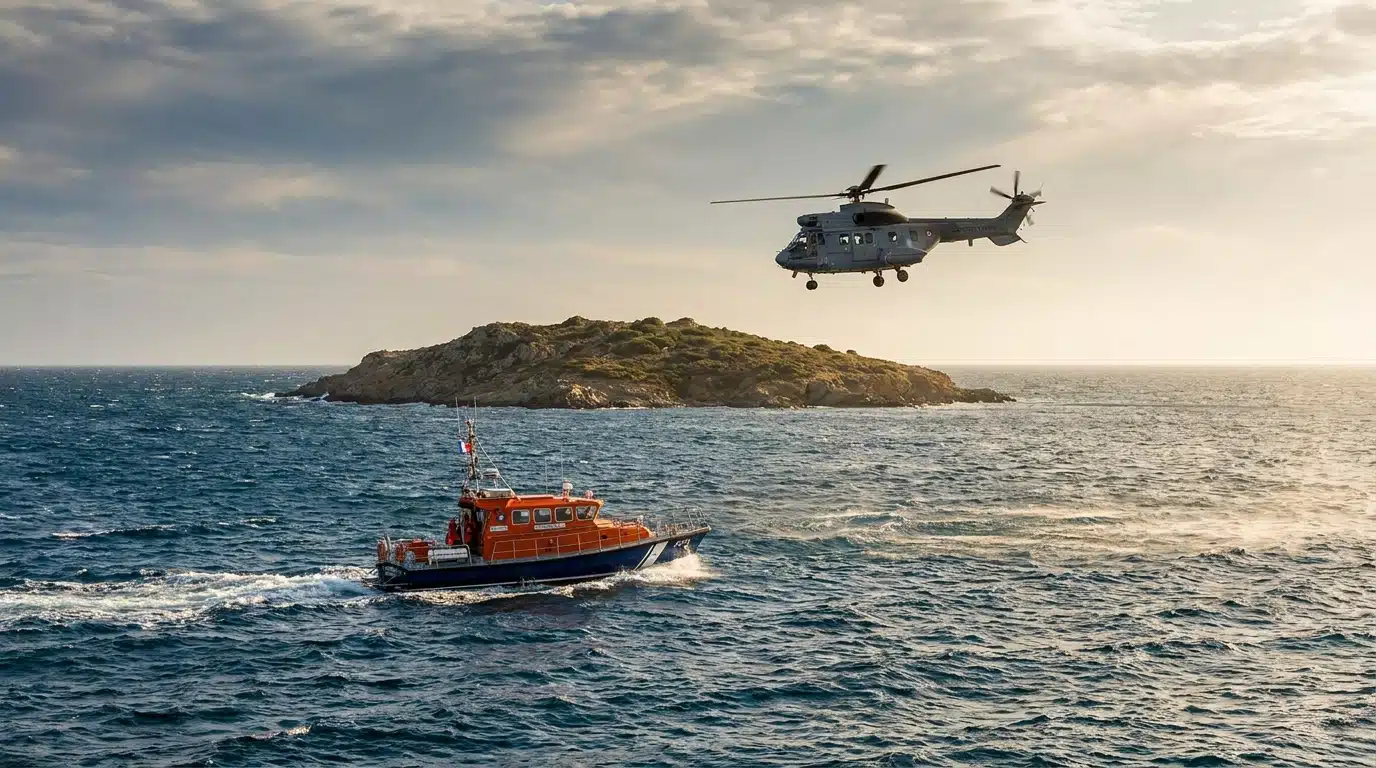 Hélicoptère et bateau de secours en mer près d'une île