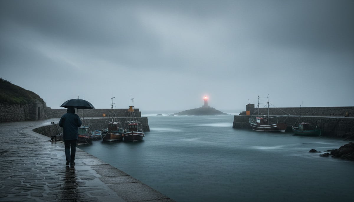 Port breton sous la grisaille et la bruine de mai