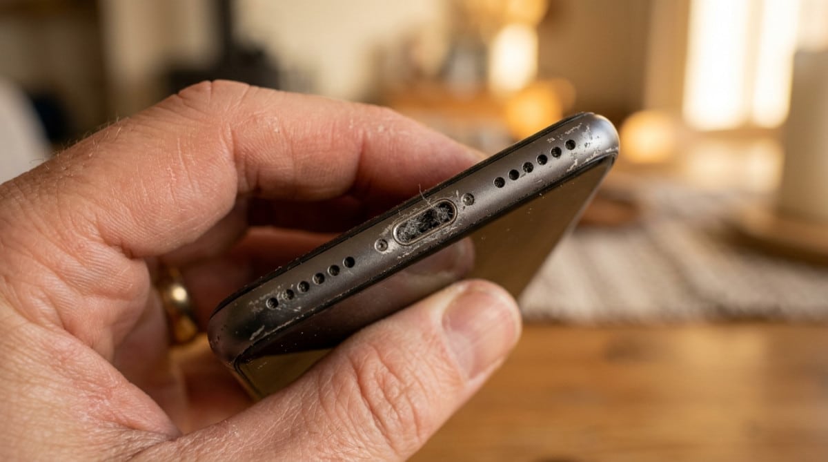 Port de charge iPhone encrassé par la poussière
