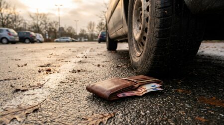 Portefeuille en cuir posé sur un parking humide en hiver