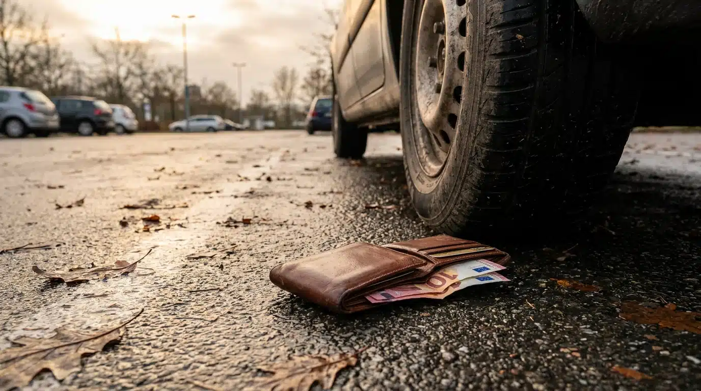 Portefeuille en cuir posé sur un parking humide en hiver