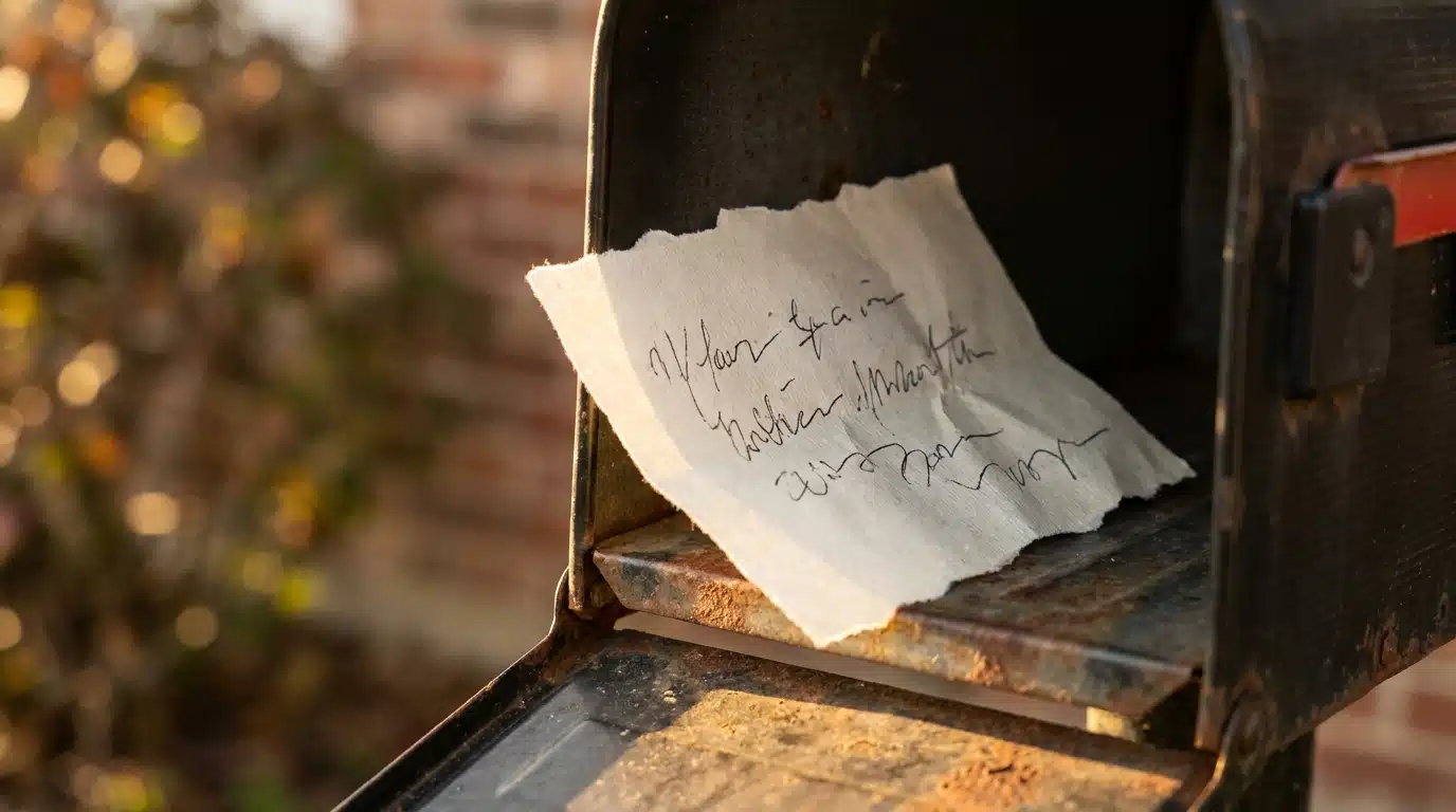 Petit mot manuscrit déposé dans une boîte aux lettres ouverte