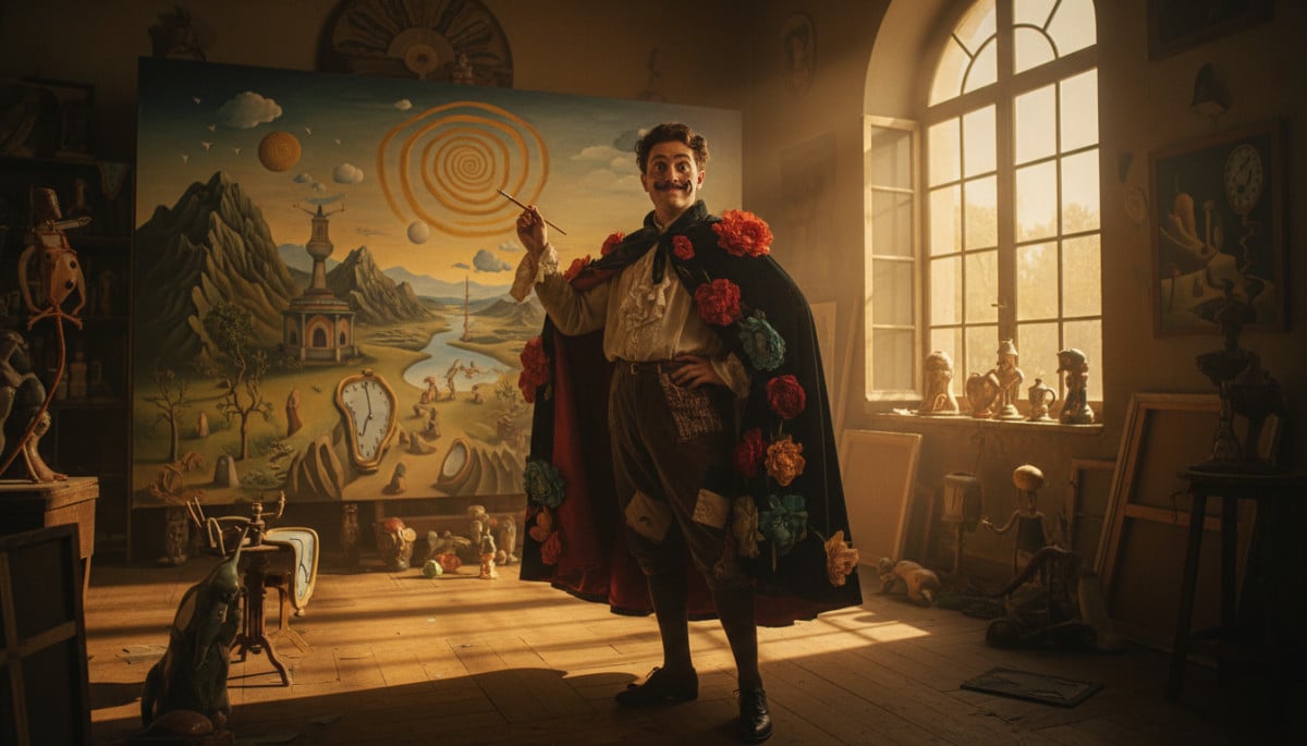 Portrait de Salvador Dalí jeune dans son atelier surréaliste