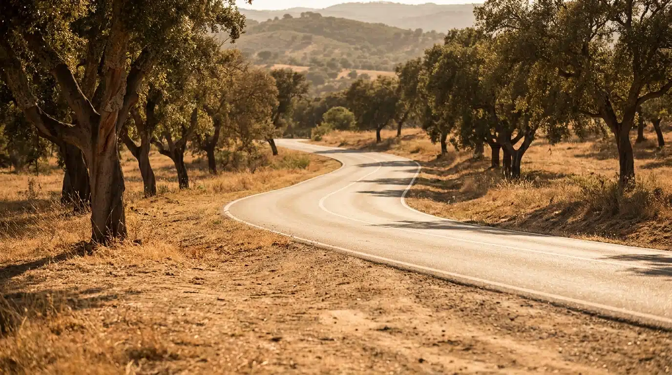 Route déserte bordée de chênes-lièges au sud du Portugal