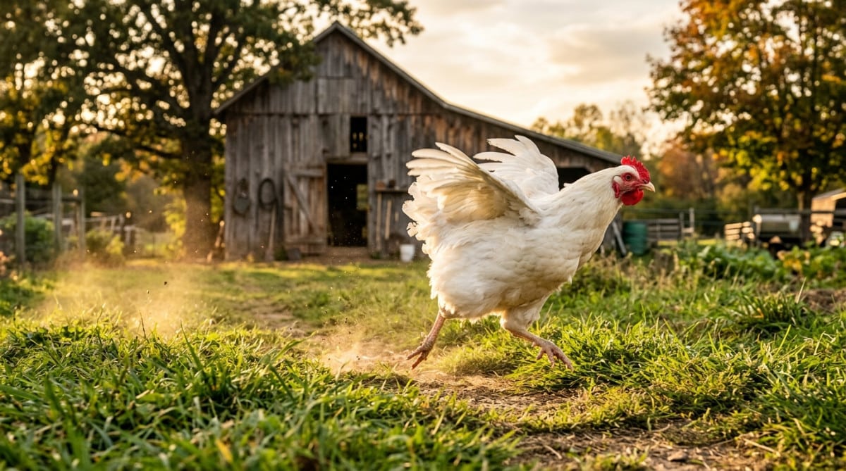 Poule Wyandotte blanche courant dans une cour de ferme ensoleillée