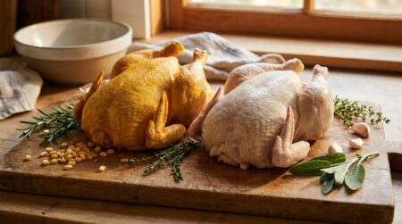 Poulet jaune et poulet blanc côte à côte sur planche en bois