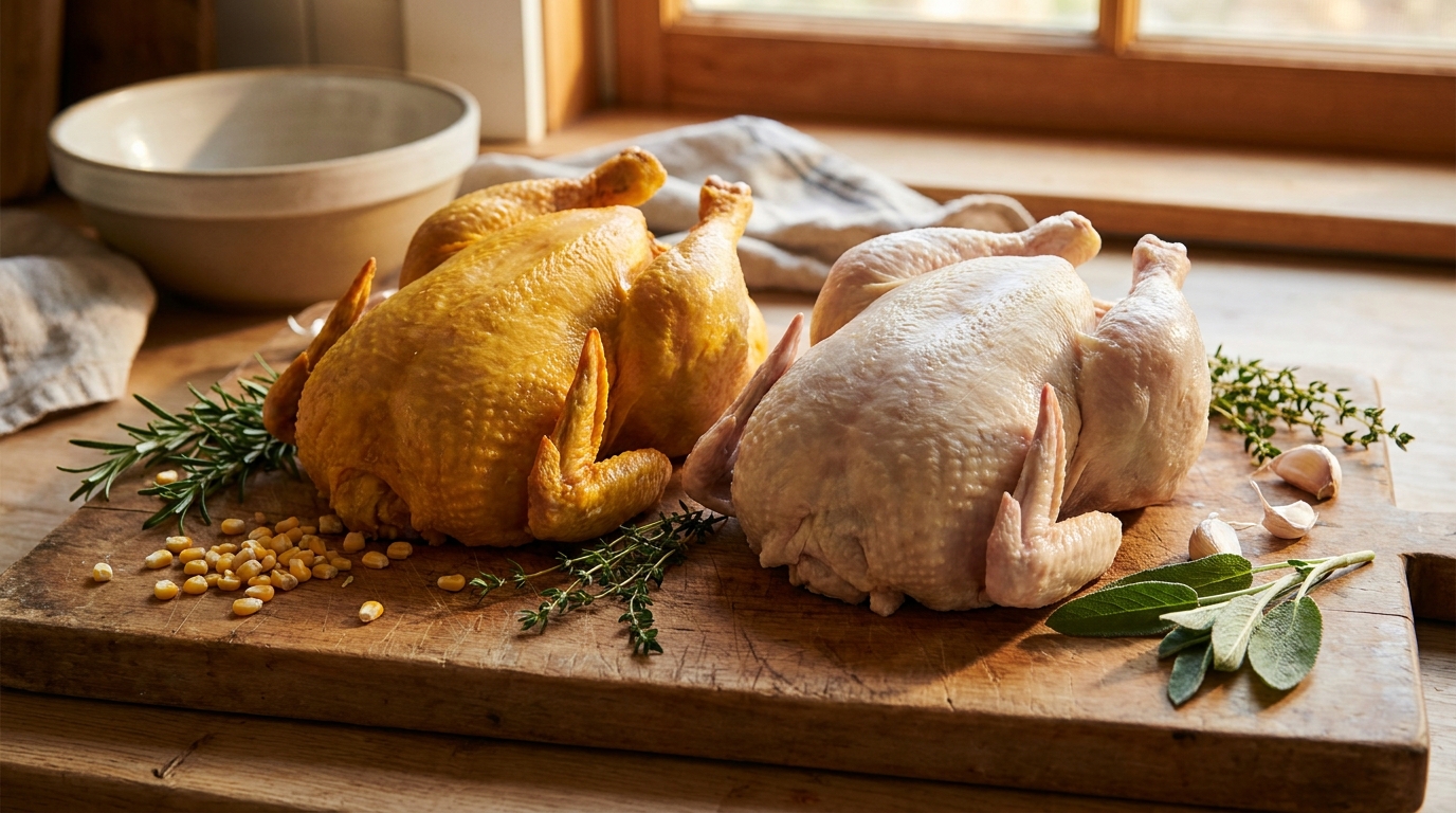 Poulet jaune et poulet blanc côte à côte sur planche en bois