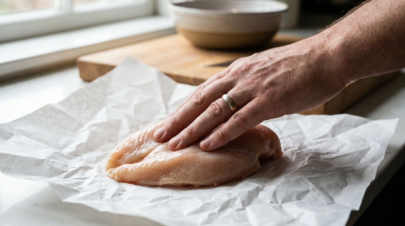 Main vérifiant la fraîcheur d'un filet de poulet cru