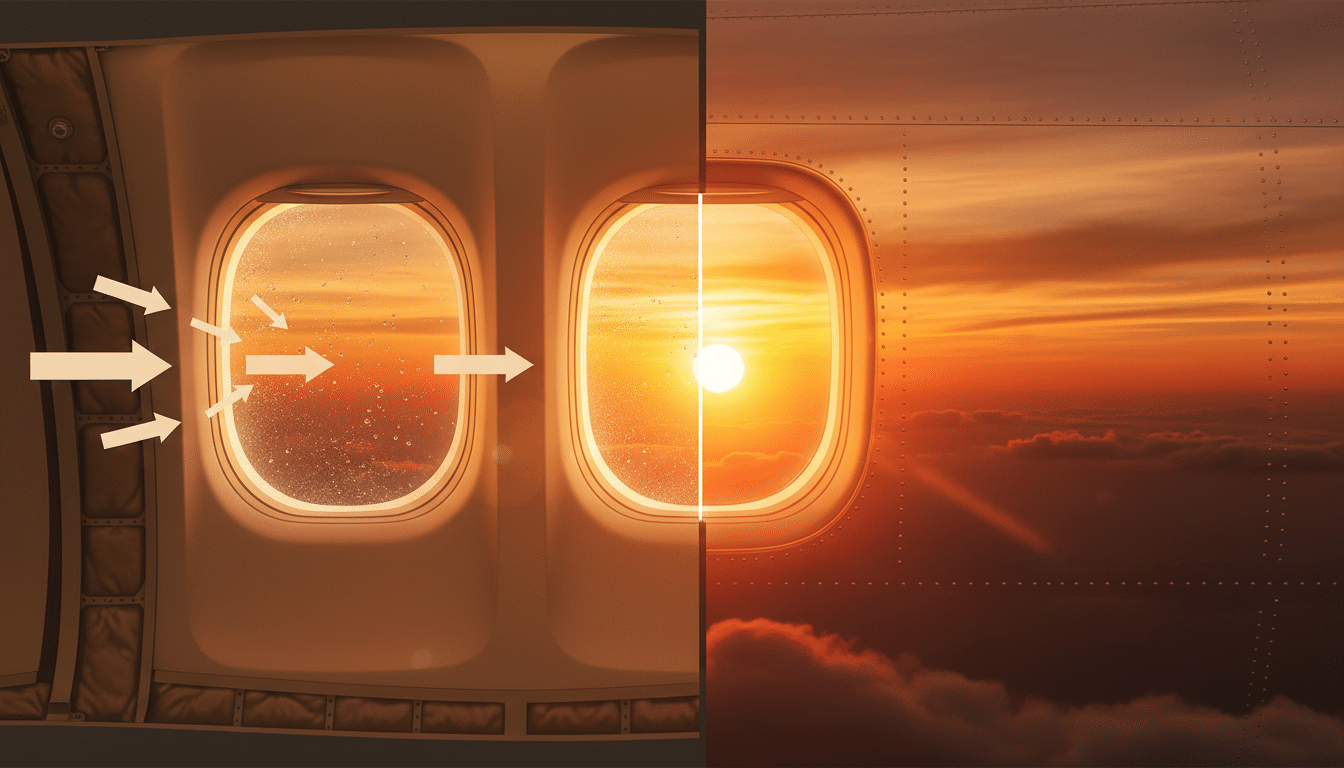 Couches d'un hublot d'avion en altitude