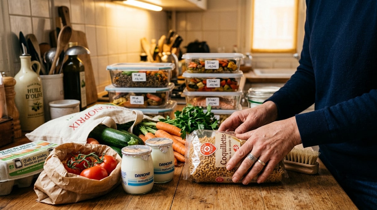 Préparation de repas et courses alimentaires en cuisine