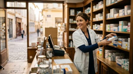 Préparatrice en pharmacie derrière son comptoir à Poitiers