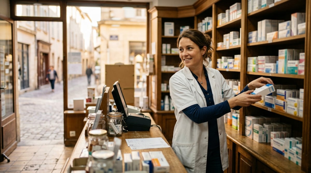 Préparatrice en pharmacie derrière son comptoir à Poitiers