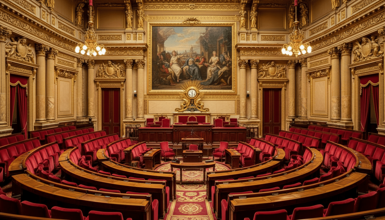 Hémicycle vide de l'Assemblée nationale française sous un éclairage chaud