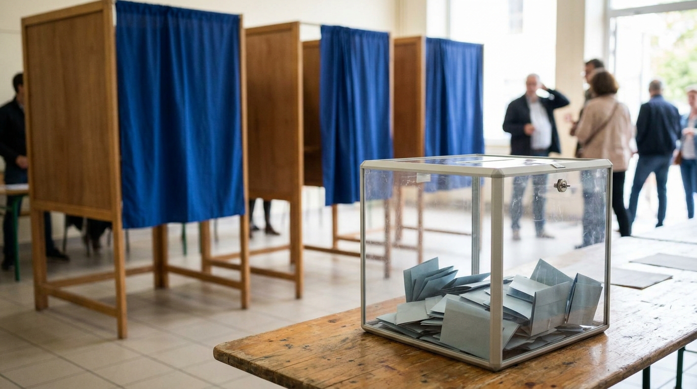 Urne de vote française dans un bureau de vote avec isoloirs, symbolisant l'élection présidentielle 2027