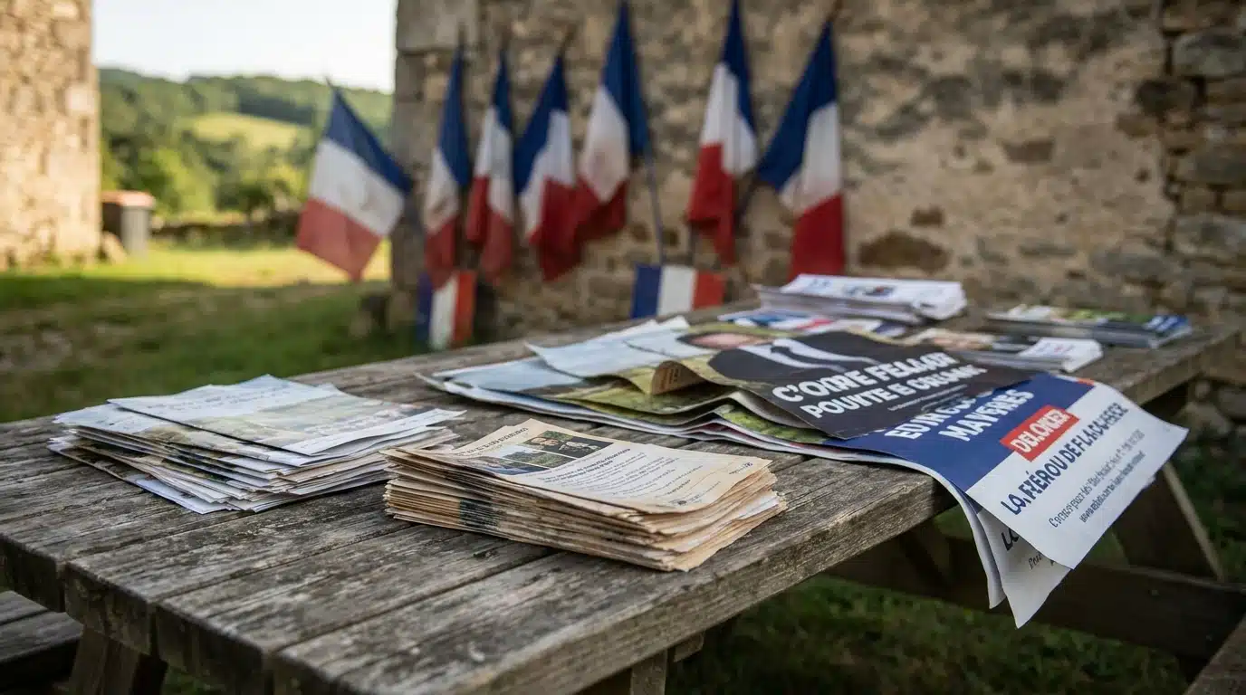 Tracts de campagne empilés sur une table en bois rustique dans un village français