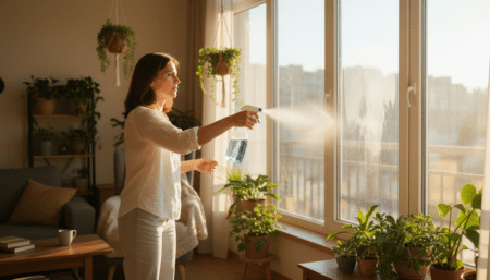 Femme nettoyant une vitre avec un spray Action
