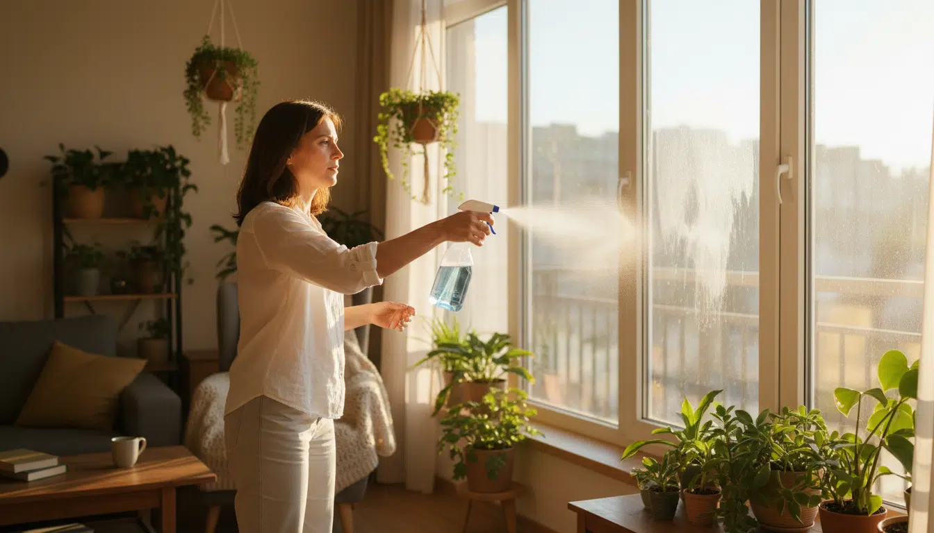 Femme nettoyant une vitre avec un spray Action