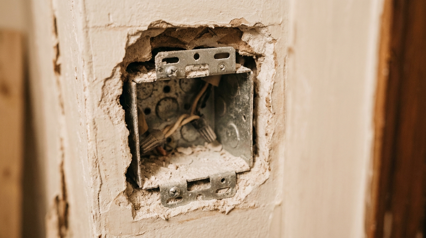 Boîtier d'encastrement électrique ouvert dans une cloison en plâtre