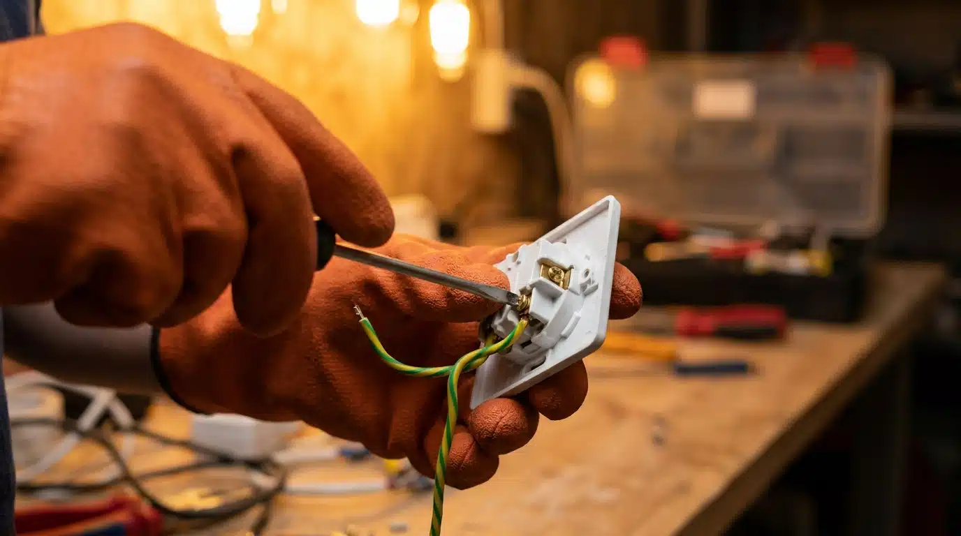 Tournevis serrant une borne sur un mécanisme de prise électrique