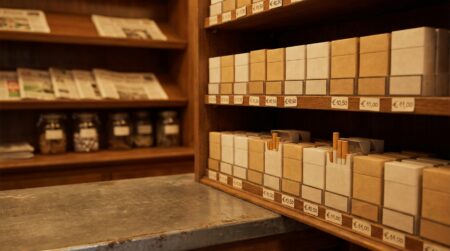 Comptoir de bureau de tabac avec paquets de cigarettes alignés