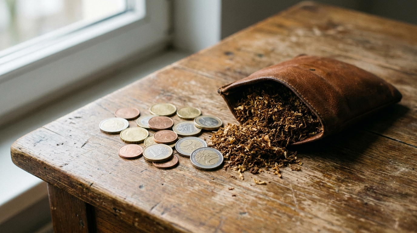 Tabac à rouler et pièces de monnaie sur une table en bois