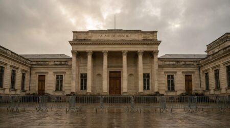 Façade imposante du palais de justice de Nantes sous ciel couvert